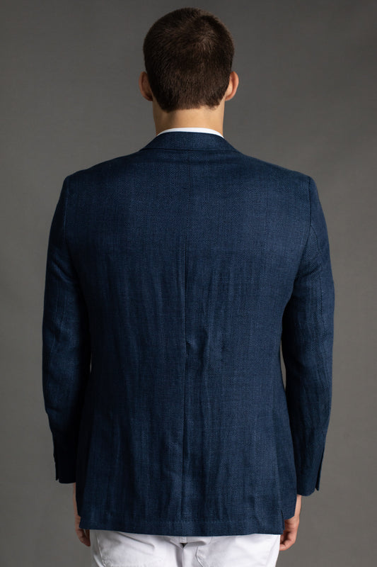 Paletó Linho Sem Forro Slim Bolso Embutido - Azul Escuro