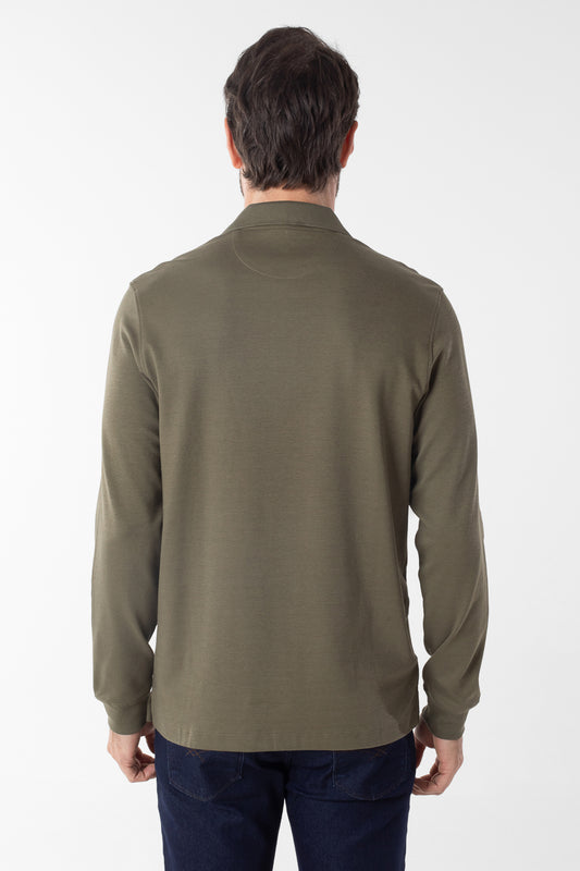 Polo Manga Longa Lisa com Stretch - Verde Militar