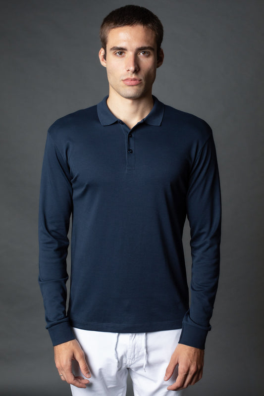 Polo Manga Longa Slim 3 Botoes Pima - Marinho