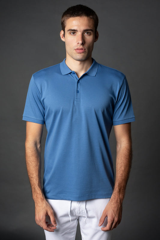 Polo Manga Curta Slim Pima 3 Botões - Azul Medio