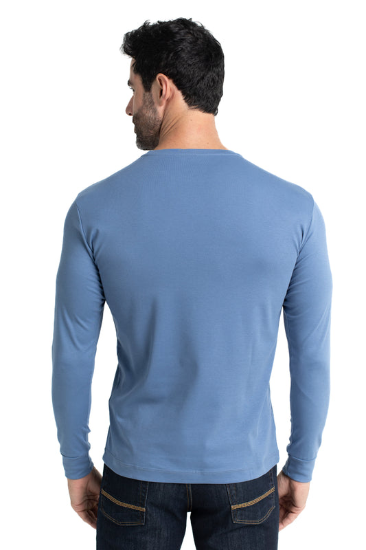 Camiseta Manga Longa Malha Algodão - Azul Medio