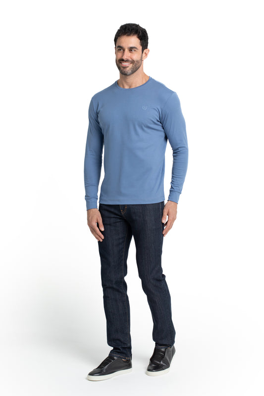 Camiseta Manga Longa Malha Algodão - Azul Medio