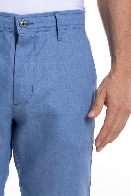 Bermuda Linho Bolso Faca Cós Elástico - Azul Jeans