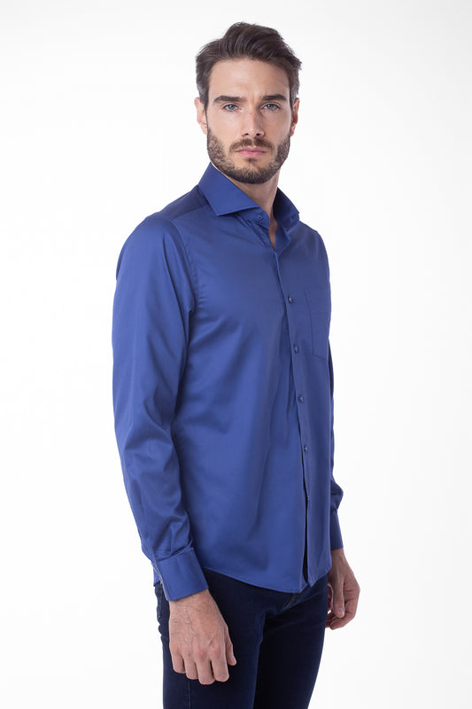 Camisa Manga Longa Cetim Lisa - Azul Bic