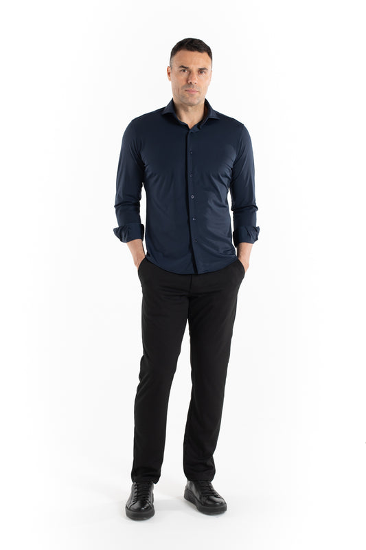 Camisa Manga Longa Slim Malha Poliamida - Marinho Noite