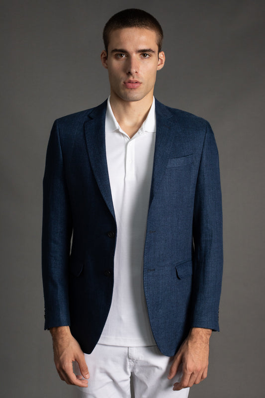 Paletó Linho Sem Forro Slim Bolso Embutido - Azul Escuro