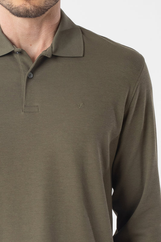 Polo Manga Longa Lisa com Stretch - Verde Militar