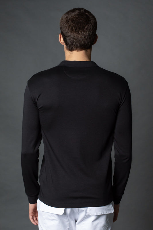 Polo Manga Longa Slim 3 Botoes Pima - Preto