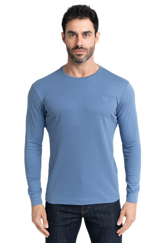 Camiseta Manga Longa Malha Algodão - Azul Medio