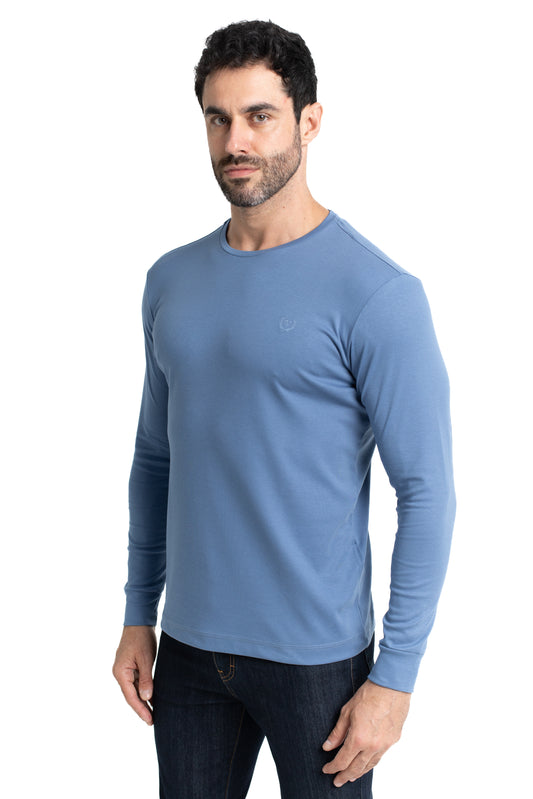 Camiseta Manga Longa Malha Algodão - Azul Medio